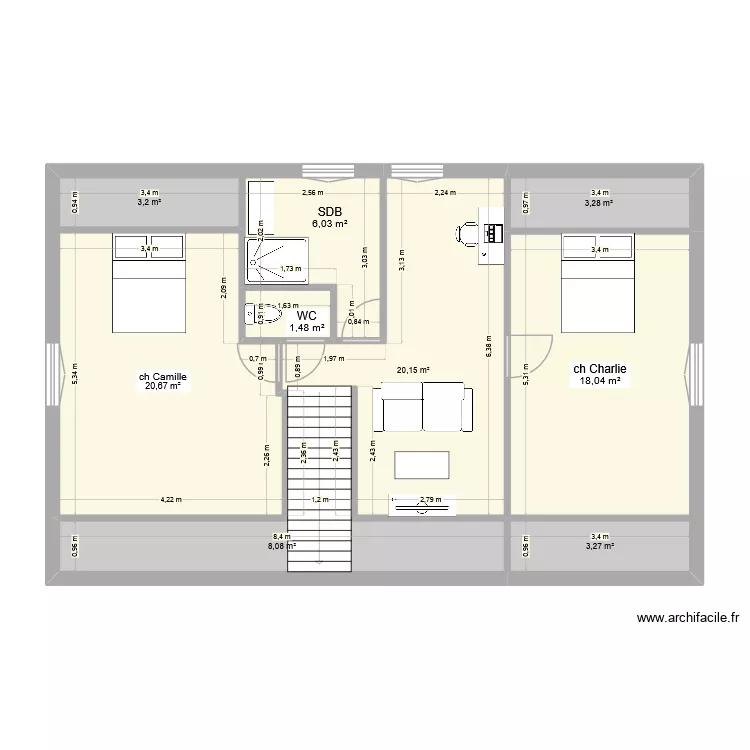 &eacute;tage 2. Plan de 9  et 84 m²