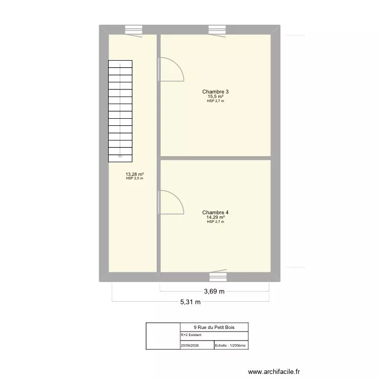 Petit Bois / R+2 - Existant. Plan de 3  et 43 m²
