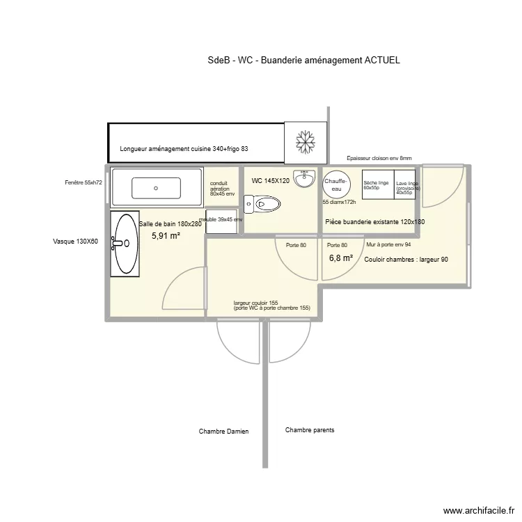 SdeB - WC - Buanderie am&eacute;nagement ACTUEL. Plan de 3 Pièces et 17 m²