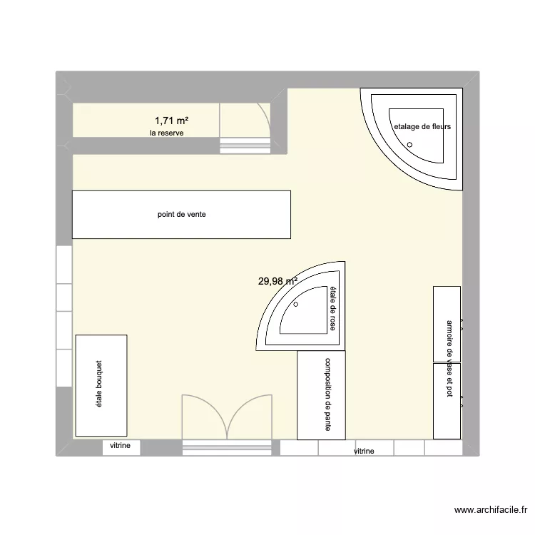 plant l'atelier floral. Plan de 2  et 32 m²