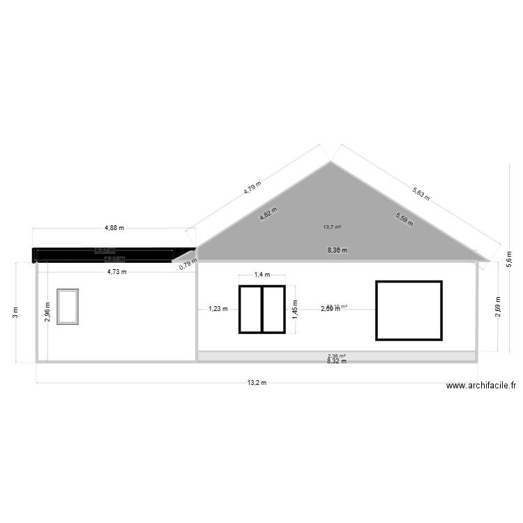 Plan facade  ouest garage 30m². Plan de 5 pièces et 54 m2