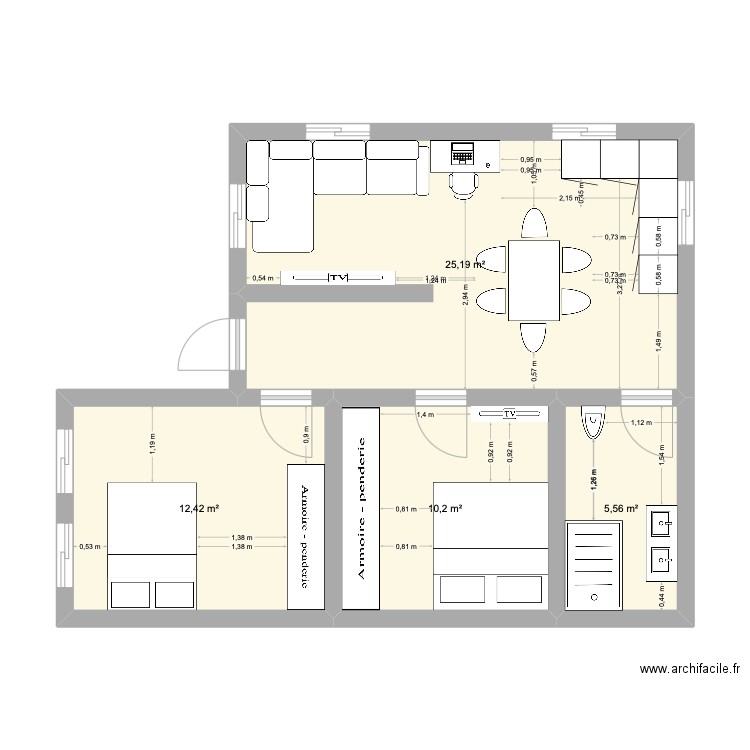 PROJET MAISON 2 CHAMBRES. Plan de 4 pièces et 53 m2