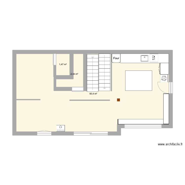 RDC. Plan de 3 pièces et 54 m2