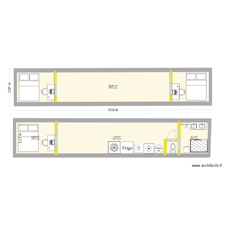 Tiny house. Plan de 4 pièces et 54 m2