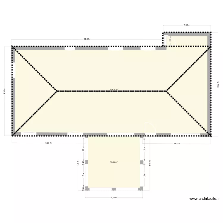 extension. Plan de 2  et 133 m²
