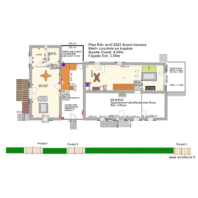 plan masse rez de chaussée avril 2024 avant travaux. Plan de 2 pièces et 107 m2