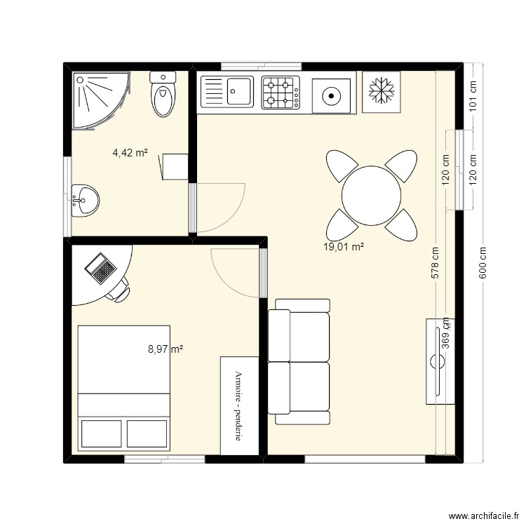 eric. Plan de 3 pièces et 32 m2