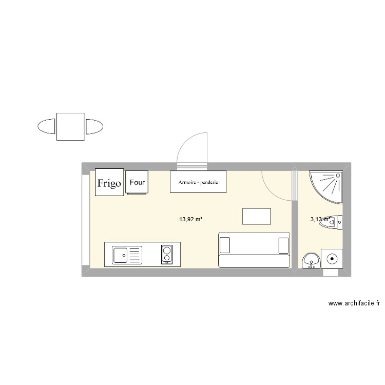 STUDIO. Plan de 2 pièces et 17 m2