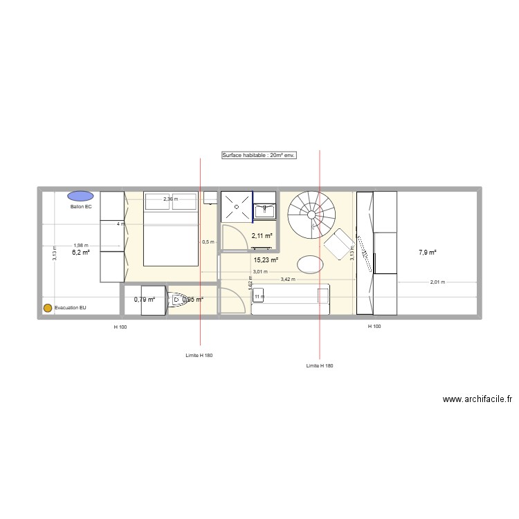 Jardini. Plan de 6 pièces et 33 m2
