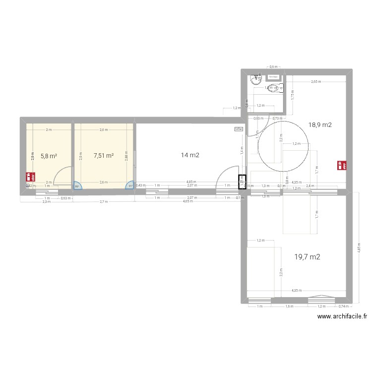 LOCAL. Plan de 2 pièces et 13 m2