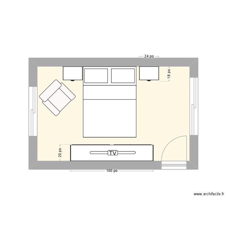 Chambre principale avec meubles. Plan de 1 pièce et 13 m2