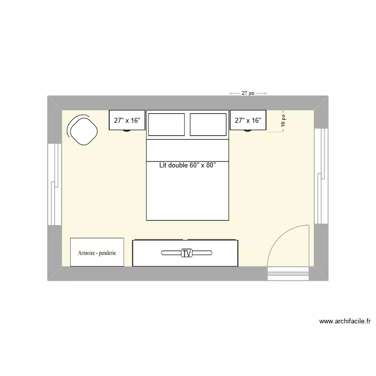 Chambre principale avec meubles. Plan de 1 pièce et 13 m² Chambre principale avec meubles. Plan de 1 pièce et 13 m²