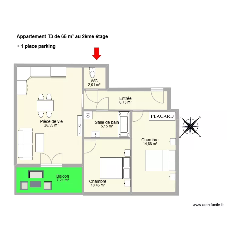 EDOUARD DENIS t3. Plan de 7  et 73 m²