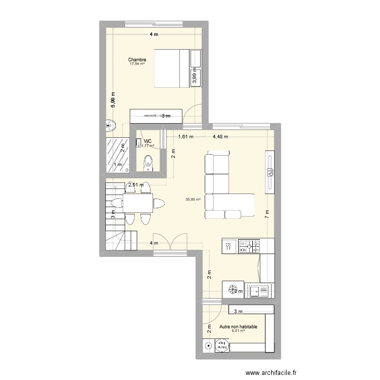 HP 3 chambres. Plan de 4 pièces et 62 m2