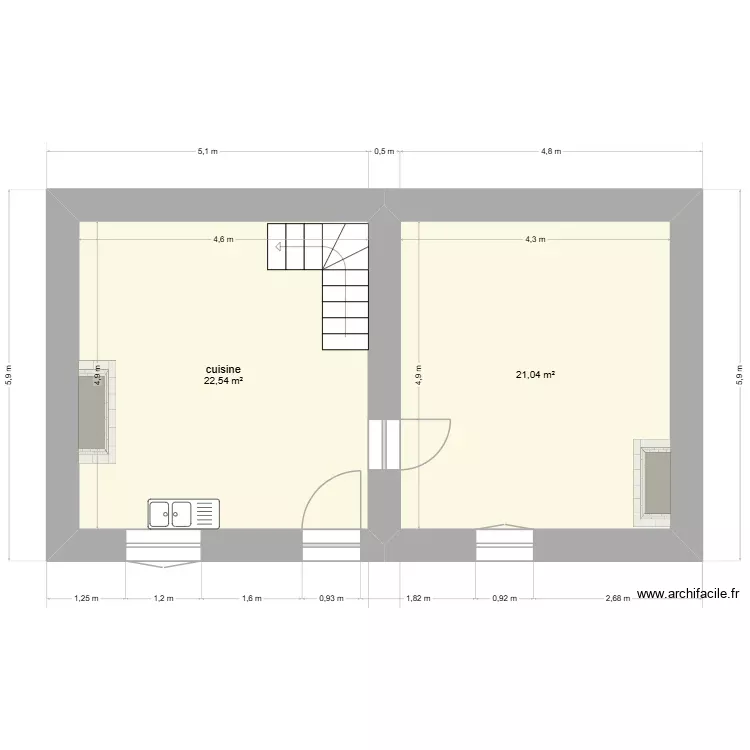 Petits murs maison rdc. Plan de 2 Pièces et 44 m² Petits murs maison rdc. Plan de 2 Pièces et 44 m²