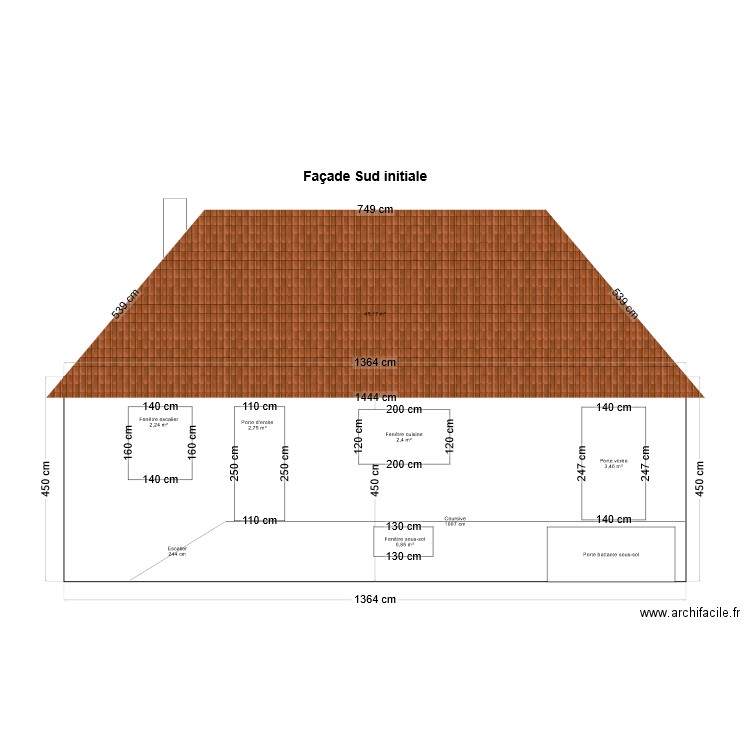 façade Sud initiale. Plan de 0 pièce et 0 m2