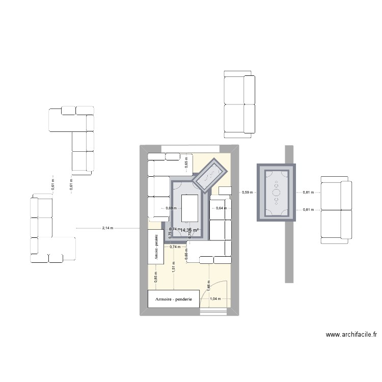 Chambre d'amis Vlast. Plan de 1 pièce et 14 m2
