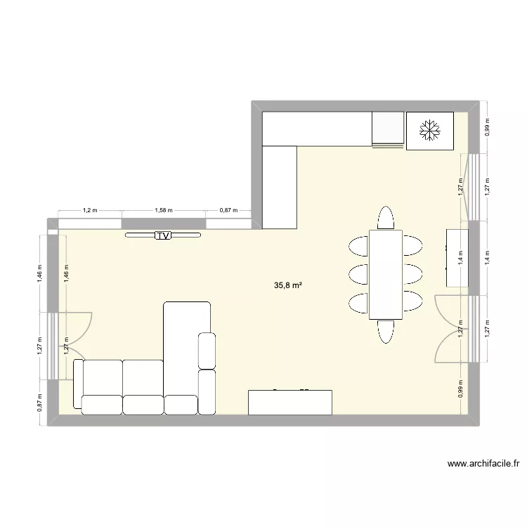 amenagement salon cuisine. Plan de 1  et 36 m²