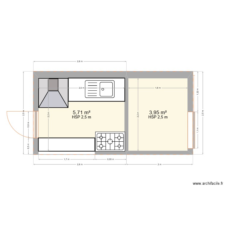 Cuisine Ext 1. Plan de 2 pièces et 10 m2