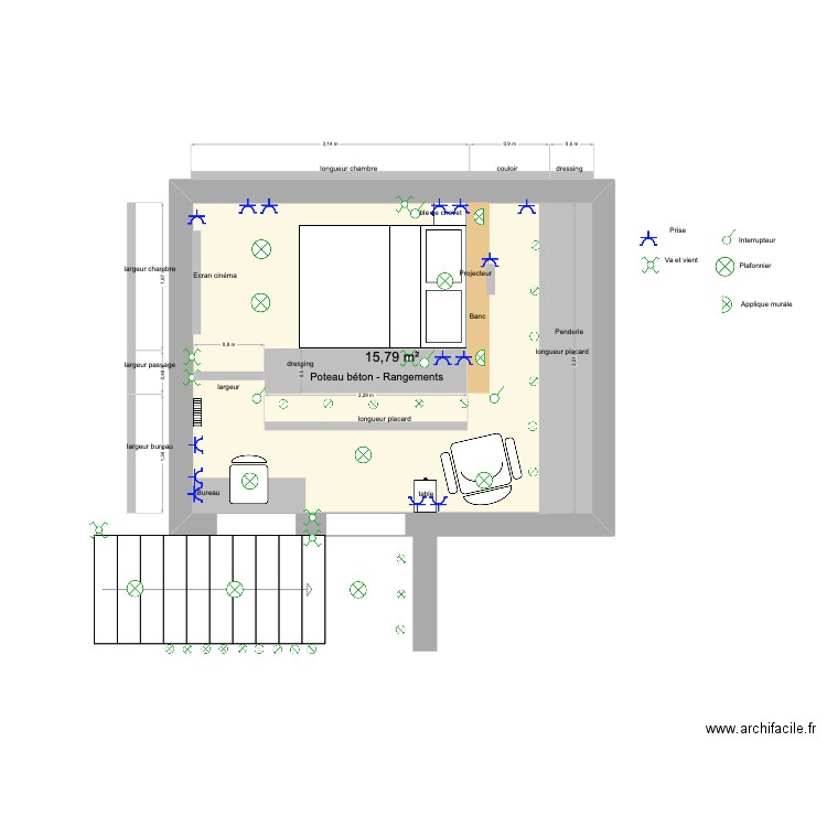 chambre perso. Plan de 1 pièce et 16 m2
