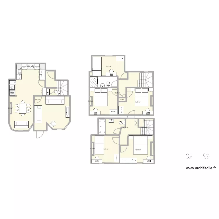 Cottage layout with bath on to floor and shower on middle floor v2. Plan de 11  et 109 m²