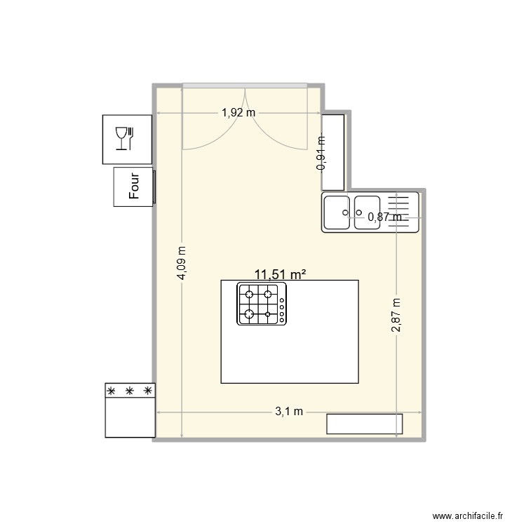 cuisine. Plan de 1 pièce et 12 m2