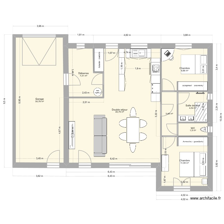 Plein pied 2 chambres sans toit. Plan de 0 pièce et 0 m2