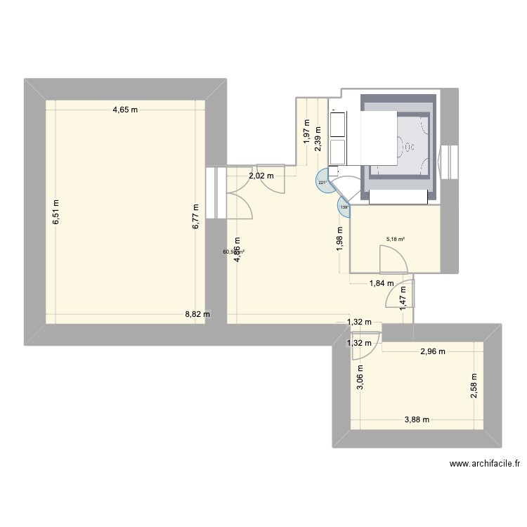 chambre. Plan de 2 pièces et 66 m2