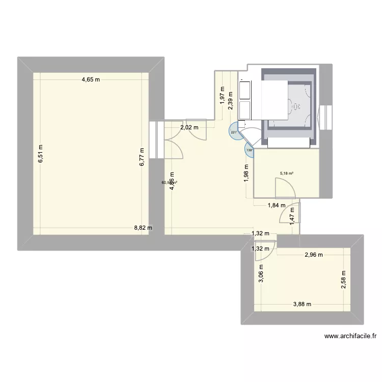 chambre. Plan de 2 pièces et 66 m²