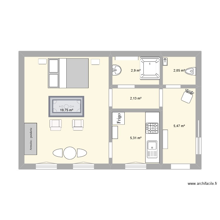 Studio. Plan de 6 pièces et 38 m2