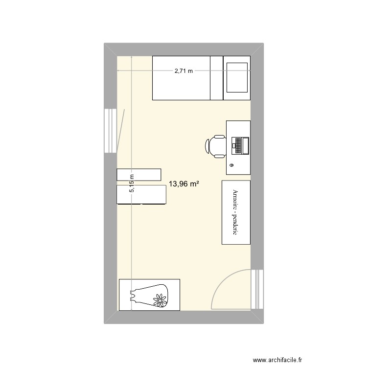 Chambre julie. Plan de 1 pièce et 14 m2