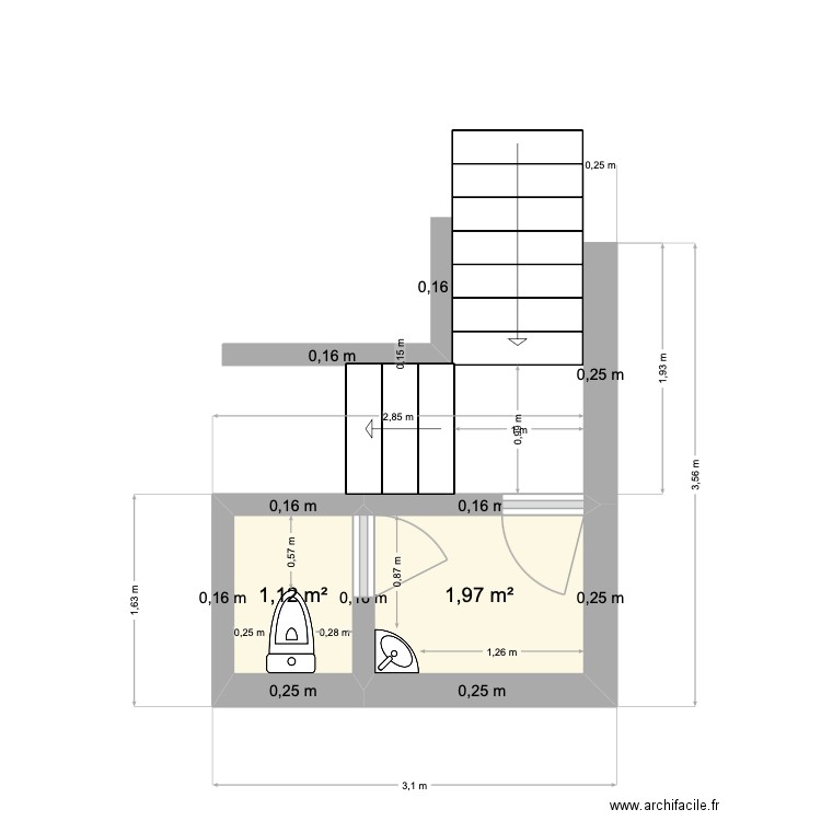 PLAN TOILETTE ET DOUCHE. Plan de 2 pièces et 3 m2