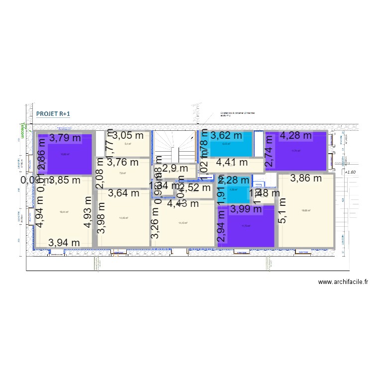 sols r+1. Plan de 16 pièces et 139 m2