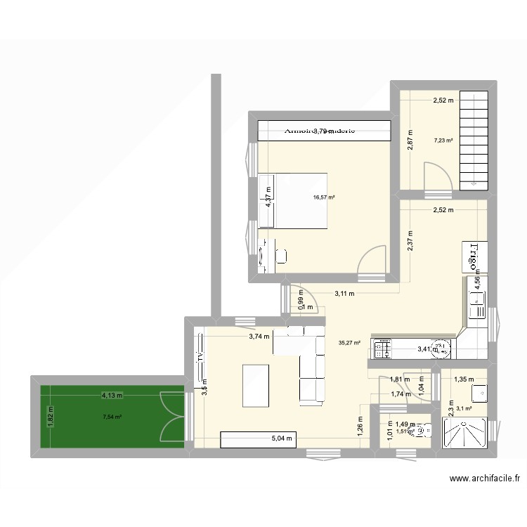 la caz en bas. Plan de 6 pièces et 71 m2