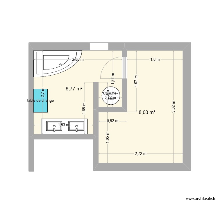 SDB Pia. Plan de 2 pièces et 15 m2