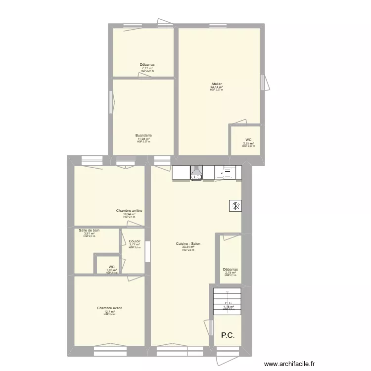 Plan Appart n&deg; 1 _RDC_Cuisine3xxx. Plan de 12  et 118 m²