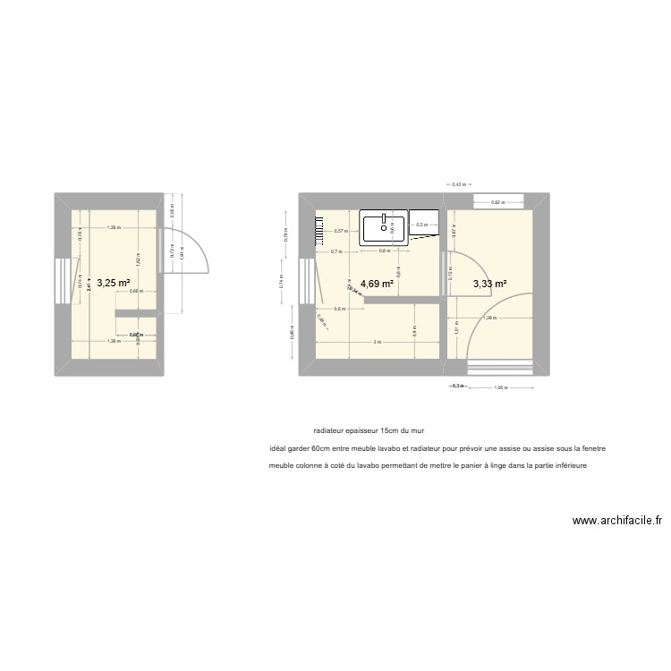 salle de bain. Plan de 3 pièces et 11 m2