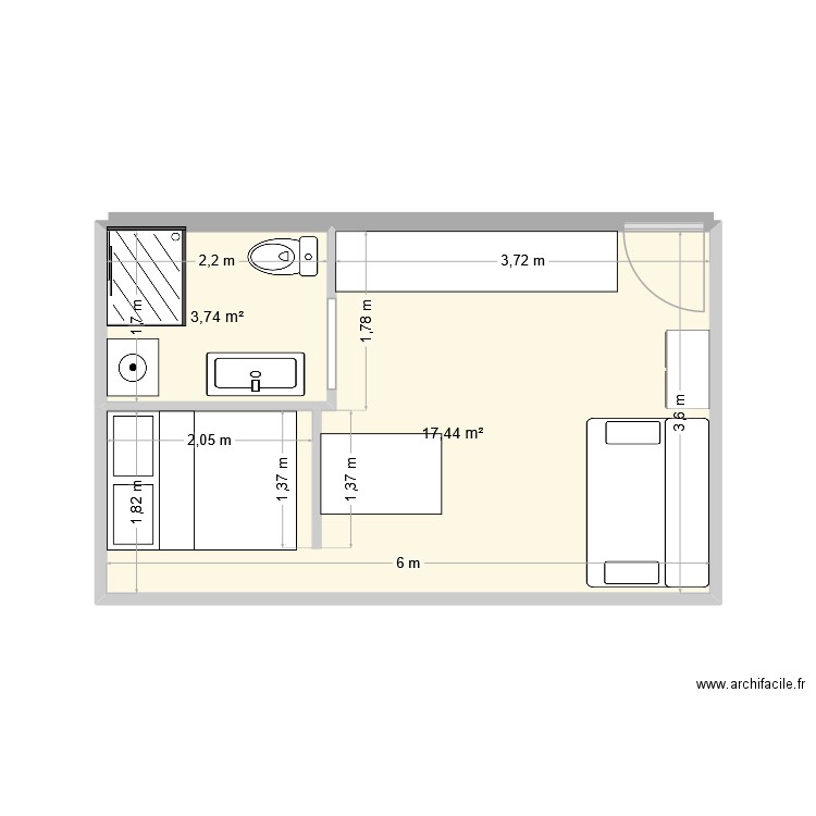 studio 2. Plan de 2 pièces et 21 m2