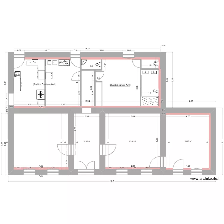 RDC Avril. Plan de 3  et 58 m²