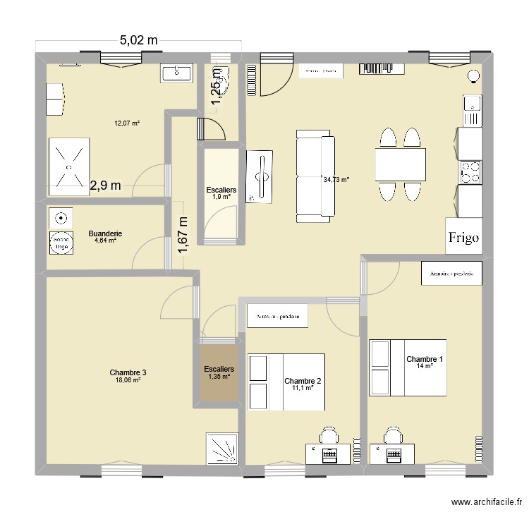 1er étage. Plan de 8 pièces et 98 m2