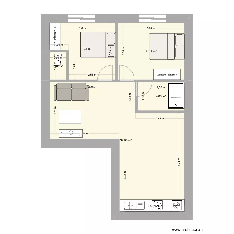Maison 2 chambres. Plan de 5  et 58 m²