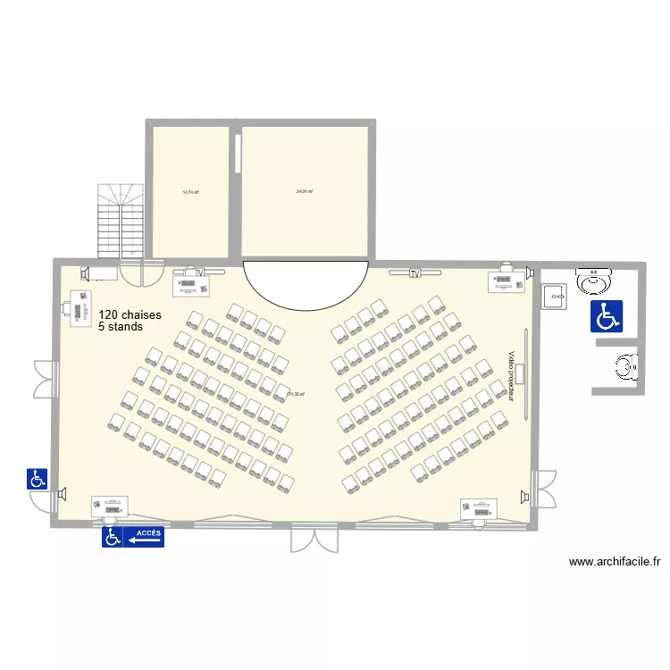 Proudhon 120 chaises et 5 stands. Plan de 3 Pièces et 213 m²