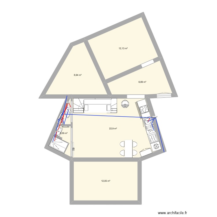Pagotinbase. Plan de 6 pièces et 66 m2