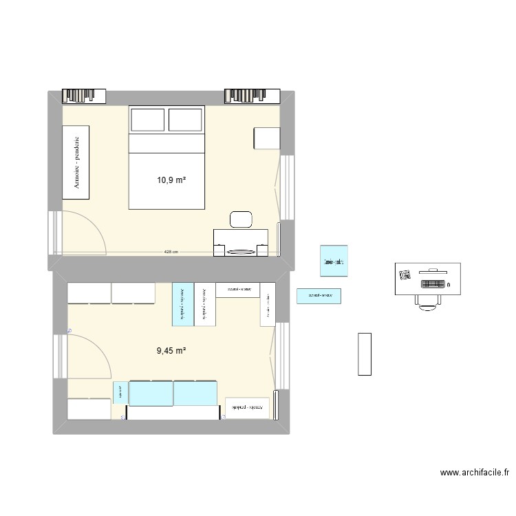 Dressing Poulet. Plan de 2 pièces et 21 m2