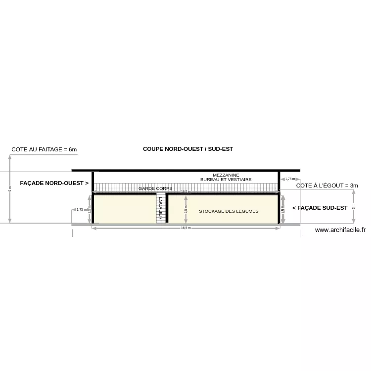 BAT COUPE NORD-OUEST / SUD-EST. Plan de 