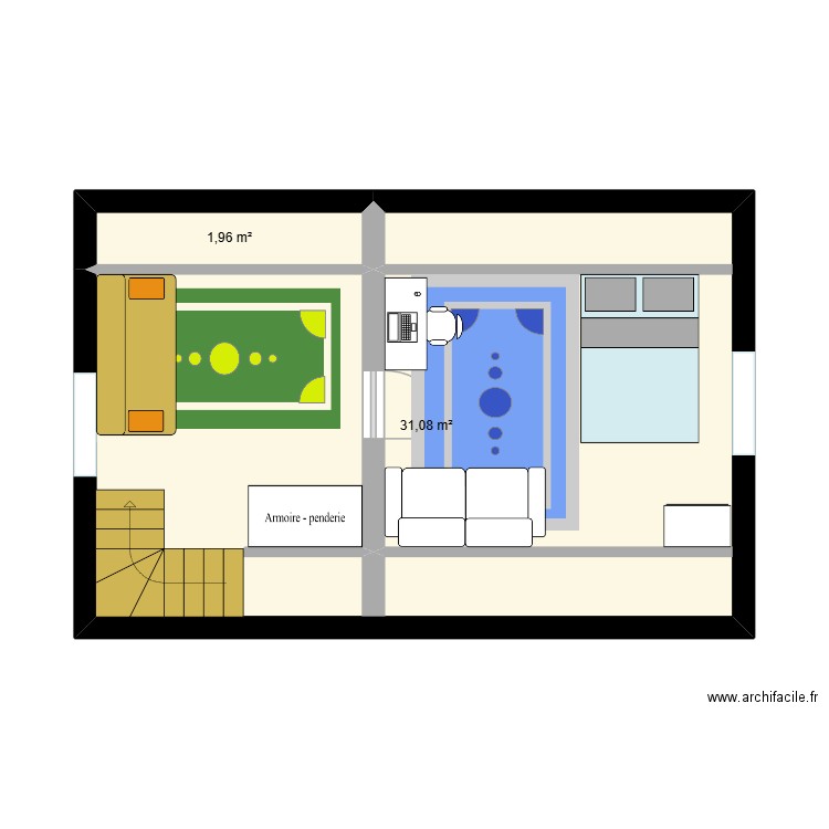 étage. Plan de 2 pièces et 33 m2