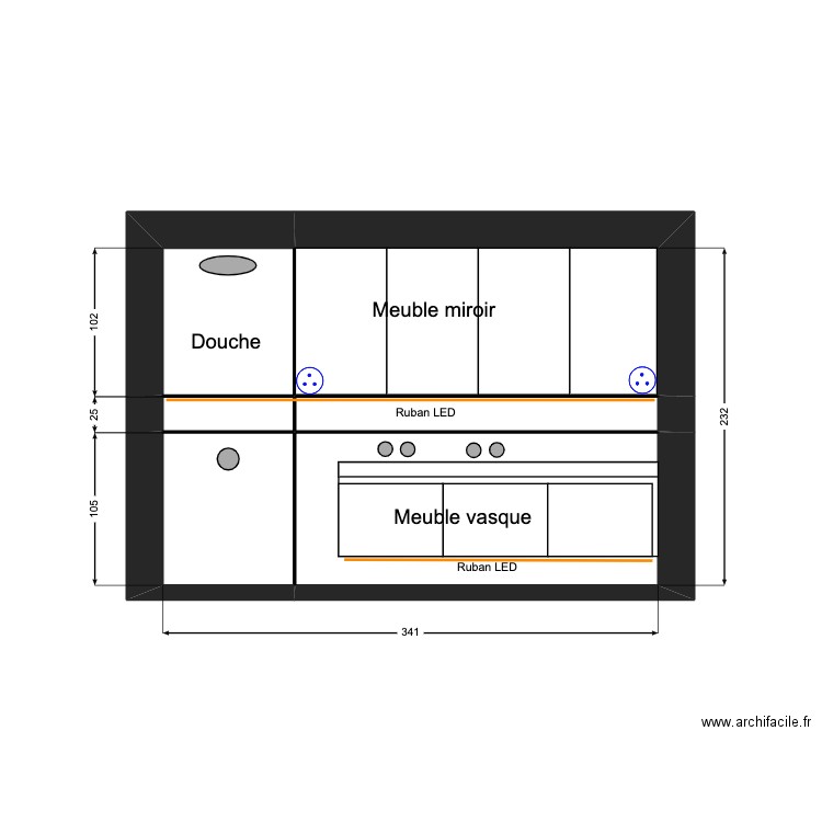 SDB vue de face Coullien. Plan de 6 pièces et 8 m2