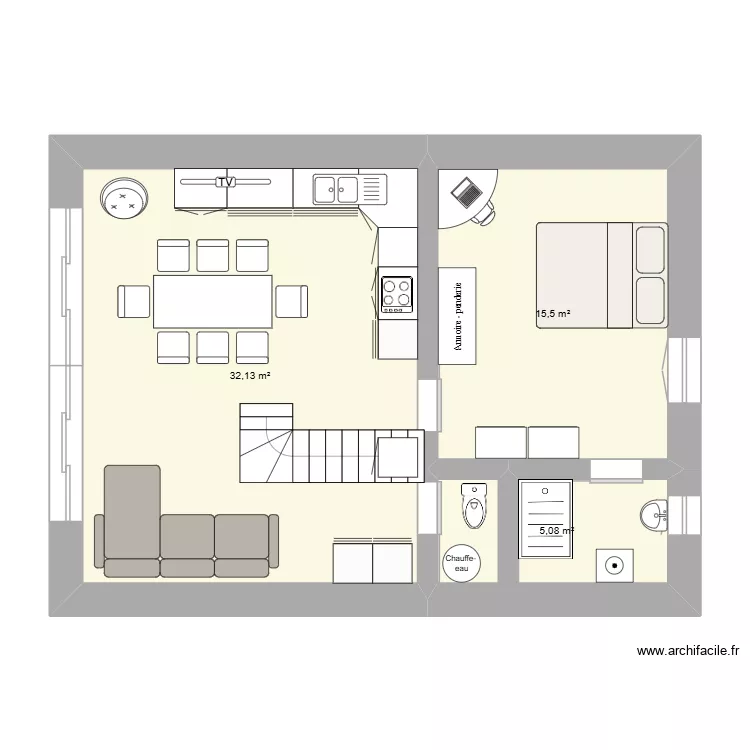 Maison en A 9.9*7.3. Plan de 3 Pièces et 53 m²