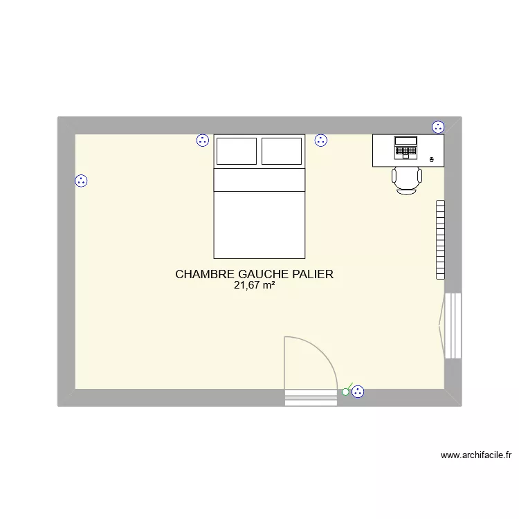 Chambre c&ocirc;t&eacute; gauche. Plan de 1  et 22 m²