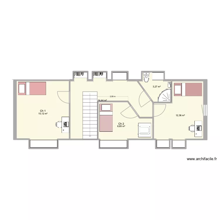 Plan &eacute;tage projet meubl&eacute;. Plan de 5  et 54 m²